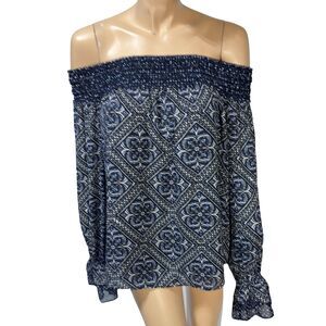 White House Black Market Blue Print Blouse Off The Shoulder Top Size XL NWT